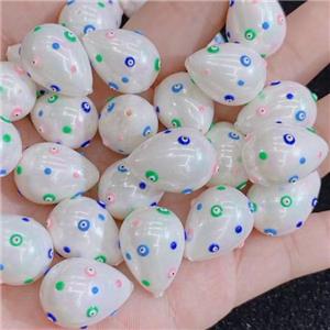 white Pearlized Shell teardrop beads with evil eye, approx 16-21mm [GM14170]