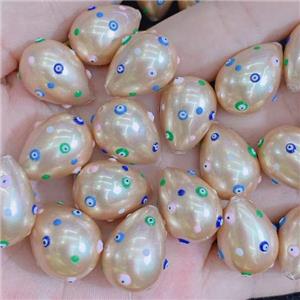 champagne Pearlized Shell teardrop beads with evil eye, approx 16-21mm [GM14173]