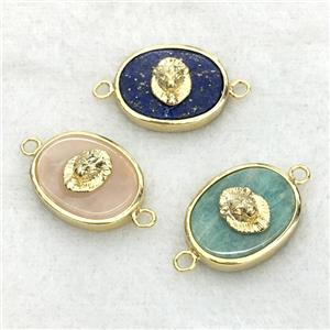 mixed gemstone oval connector with lionhead, approx 14-18mm [GM14230]