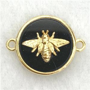 black onyx circle connector with honeybee, approx 15mm dia [GM14232]