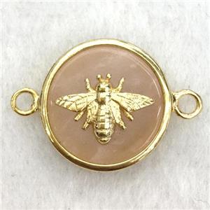 peach sunstone circle connector with honeybee, approx 15mm dia [GM14235]