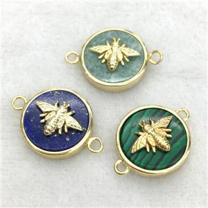 mixed gemstone circle charm connector with honeybee, approx 15mm dia [GM14238]