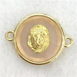 peach sunstone circle connector with lionhead, approx 15mm dia [GM14240]