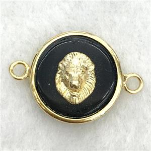 black onyx circle connector with lionhead, approx 15mm dia [GM14243]