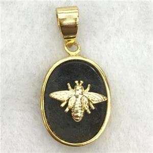 black onyx agate oval pendant with honeybee, approx 14-18mm [GM14249]