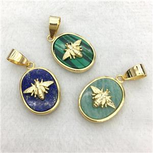 mixed gemstone oval charm pendant with honeybee, approx 14-18mm [GM14251]