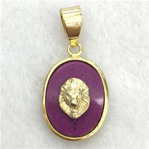 purple jade oval pendant with lionhead, approx 14-18mm [GM14254]