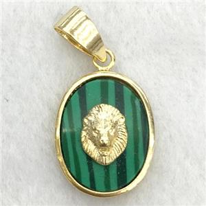green malachite oval pendant with lionhead, approx 14-18mm [GM14255]