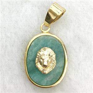 green amazonite oval pendant with lionhead, approx 14-18mm [GM14256]