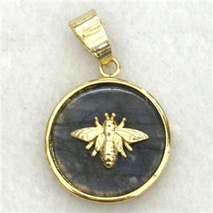 labradorite circle pendant with honeybee, approx 18mm dia [GM14259]