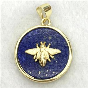 blue lapis circle pendant with honeybee, approx 18mm dia [GM14260]