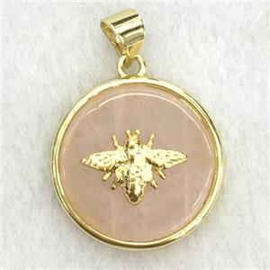 peach sunstone circle pendant with honeybee, approx 18mm dia [GM14261]