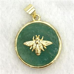 green aventurine circle pendant with honeybee, approx 18mm dia [GM14262]