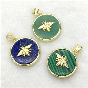 mixed gemstone circle pendant with honeybee, approx 18mm dia [GM14264]