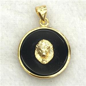 black onyx agate circle pendant with lionhead, approx 18mm dia [GM14265]