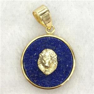 blue lapis circle pendant with lionhead, approx 18mm dia [GM14266]
