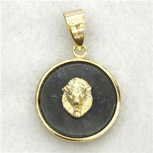 labradorite circle pendant with lionhead, approx 18mm dia [GM14267]