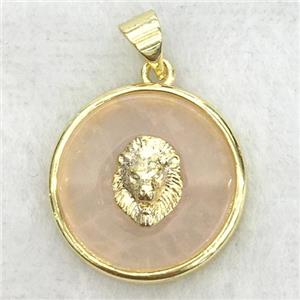 peach sunstone circle pendant with lionhead, approx 18mm dia [GM14268]