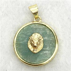 green aventurine circle pendant with lionhead, approx 18mm dia [GM14270]