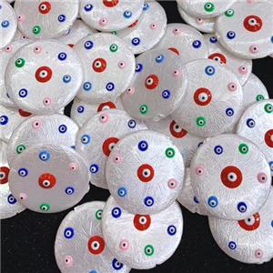 white pearlized shell circle coin beads pave evil eye, approx 30mm dia [GM14286]