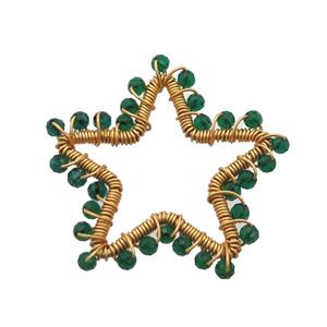 copper star pendant with green crystal glass, wire wrapped, gold plated, approx 40mm [GM14424]