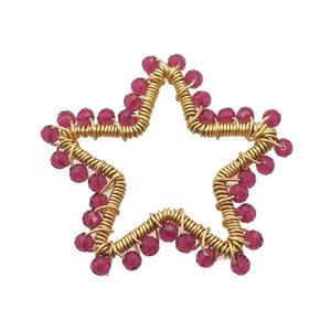 copper star pendant with red crystal glass, wire wrapped, gold plated, approx 40mm [GM14426]