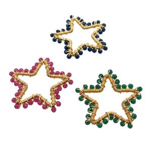 copper star pendant with crystal glass, mixed, wire wrapped, gold plated, approx 40mm [GM14427]