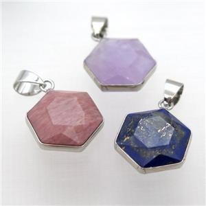 mixed Gemstone pendant, faceted hexagon, approx 14-16mm [GM14602]