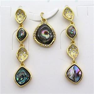 copper Stud Earrings and pendant pave zircon with Abalone shell, gold plated, approx 4-6mm, 7-9mm, 8-11mm, 42mm [GM14818]
