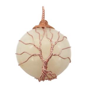pink Aventurine pendant with wire wrapped, tree of life, rose gold, approx 25mm dia [GM14844]