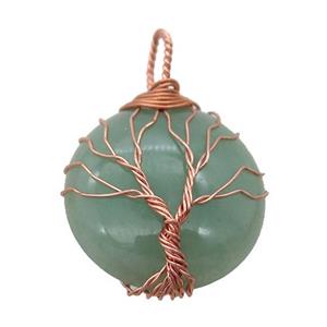 green Aventurine pendant with wire wrapped, tree of life, rose gold, approx 25mm dia [GM14845]