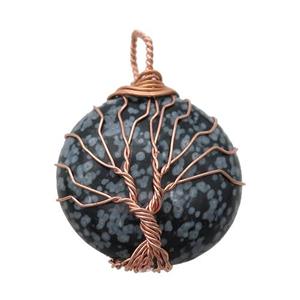 snowflake jasper pendant with wire wrapped, tree of life, rose gold, approx 25mm dia [GM14846]
