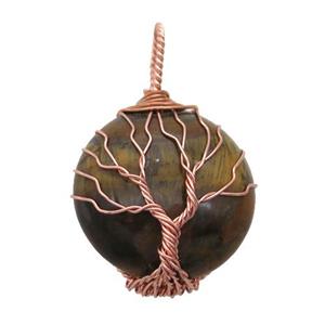 tiger eye stone pendant with wire wrapped, tree of life, rose gold, approx 25mm dia [GM14847]