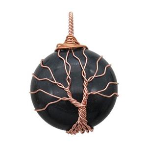 black onyx pendant with wire wrapped, tree of life, rose gold, approx 25mm dia [GM14849]