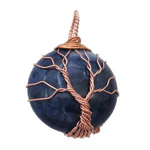 blue Sodalite pendant with wire wrapped, tree of life, rose gold, approx 25mm dia [GM14850]