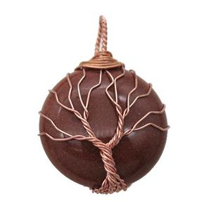 gold sandstone pendant with wire wrapped, tree of life, rose gold, approx 25mm dia [GM14851]
