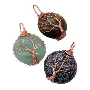 mix Gemstone pendant with wire wrapped, tree of life, rose gold, approx 25mm dia [GM14852]
