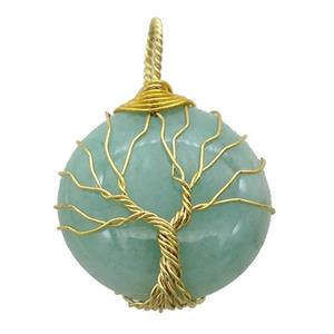 green Aventurine pendant with wire wrapped, tree of life, gold plated, approx 25mm dia [GM14853]