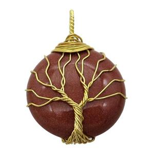 gold SandStone pendant with wire wrapped, tree of life, gold plated, approx 25mm dia [GM14854]