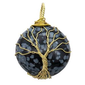 Snowflake Jasper pendant with wire wrapped, tree of life, gold plated, approx 25mm dia [GM14856]