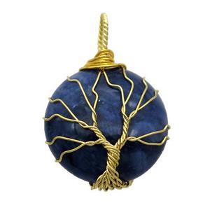 blue Sodalite pendant with wire wrapped, tree of life, gold plated, approx 25mm dia [GM14857]