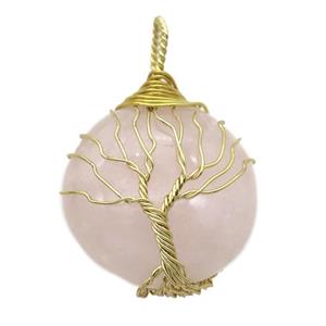 Rose Quartz pendant with wire wrapped, tree of life, gold plated, approx 25mm dia [GM14858]