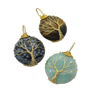 mix Gemstone pendant with wire wrapped, tree of life, gold plated, approx 25mm dia [GM14859]