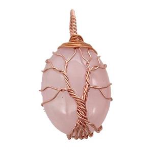 Rose Quartz oval pendant with wire wrapped, tree of life, rose gold, approx 18-25mm [GM14860]