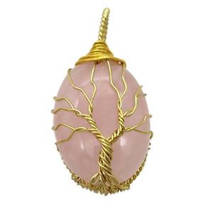 Rose Quartz oval pendant with wire wrapped, tree of life, gold plated, approx 18-25mm [GM14862]