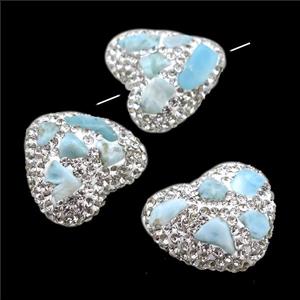Clay heart Beads paved rhinestone with Larimar, approx 20mm [GM14945]