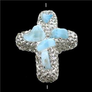 white Clay cross Beads paved rhinestone with Larimar, approx 28-35mm [GM14947]