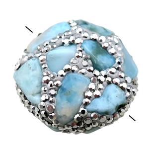 Clay Beads paved silver rhinestone with Larimar, circle, approx 25-28mm dia [GM14953]