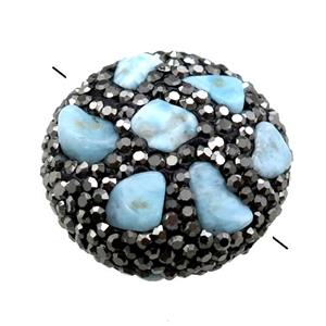Clay circle Beads paved rhinestone with Larimar, approx 25-28mm dia [GM14954]