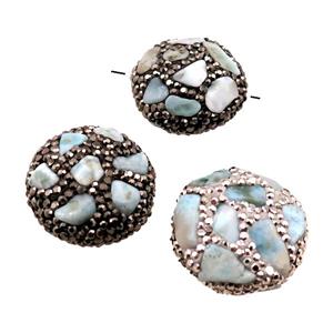 Clay coin Beads paved rhinestone with Larimar, mixed, approx 25-28mm dia [GM14955]